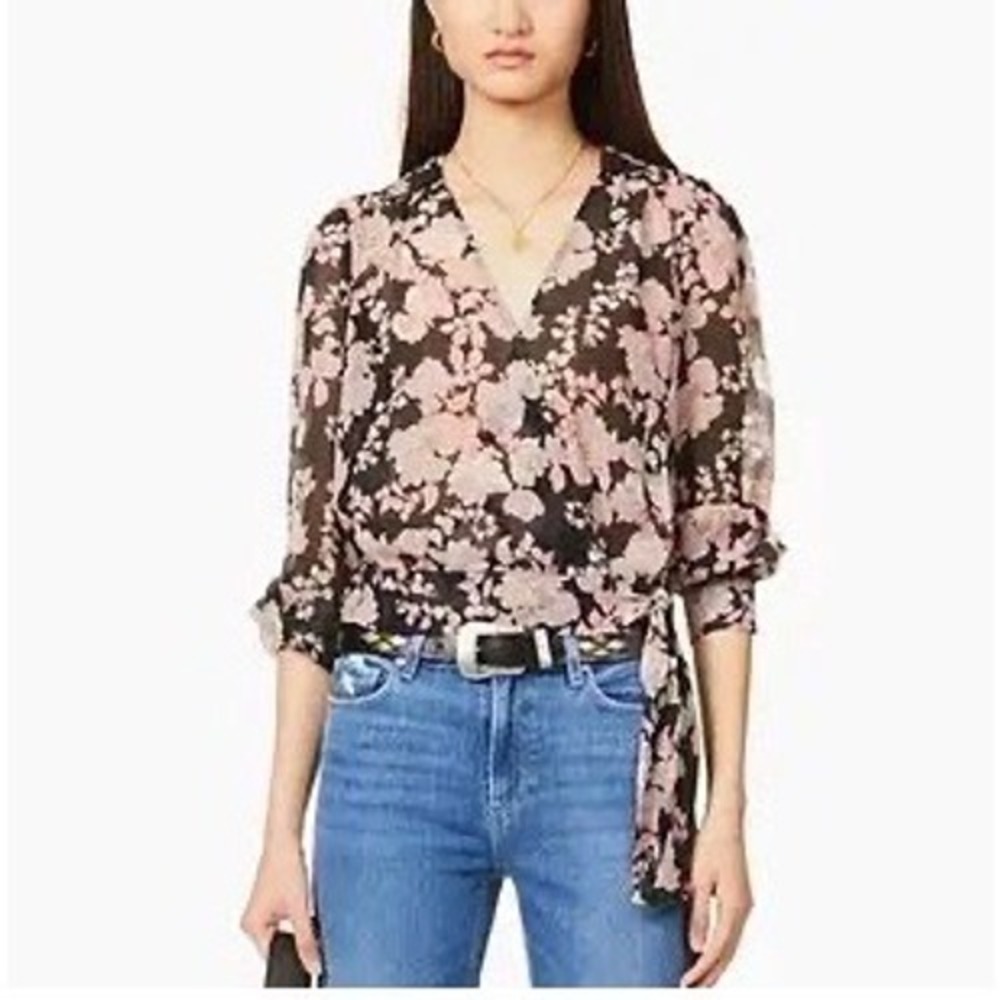 Paige Womens Floral V-Neck 100% Silk Blouse S Tie Feminine Brunch Garden Party